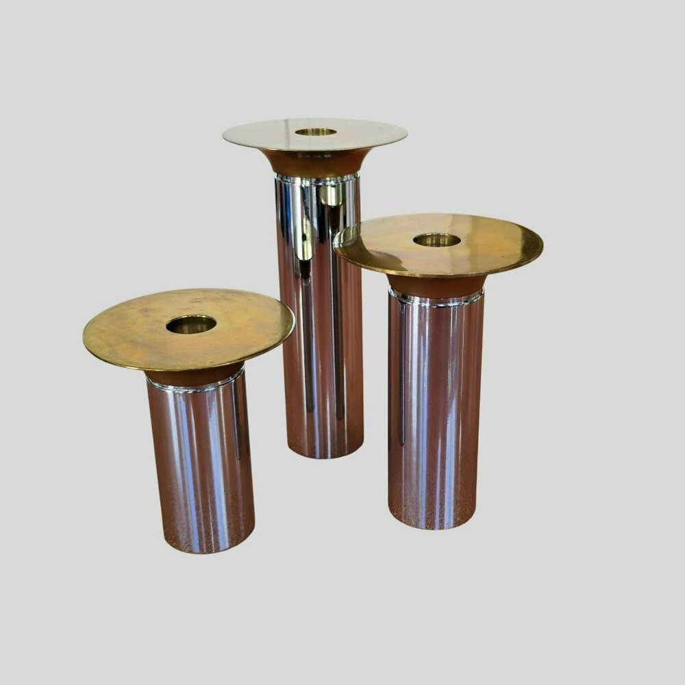 Vintage Mid-Century Modern Danish Brass Chrome Candle Holders 3 pc Torben Orskov